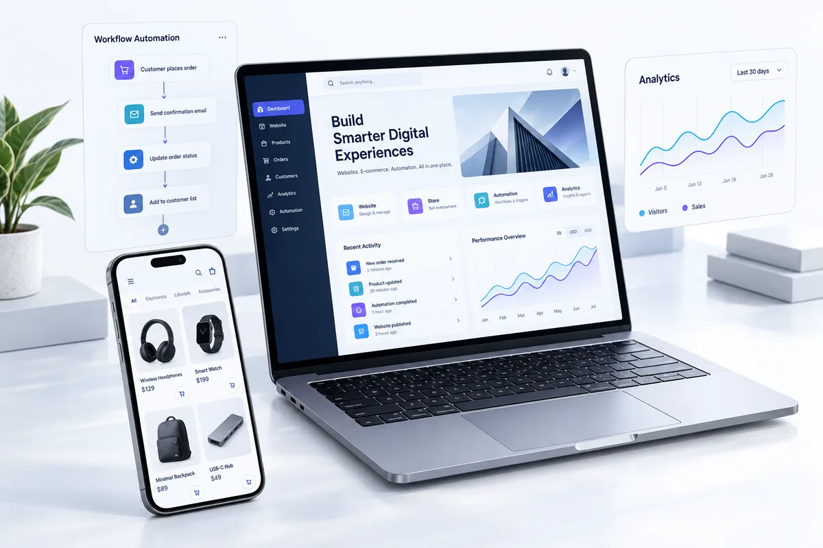 Laptop website and analytics dashboard alongside a mobile storefront and connected automation workflows