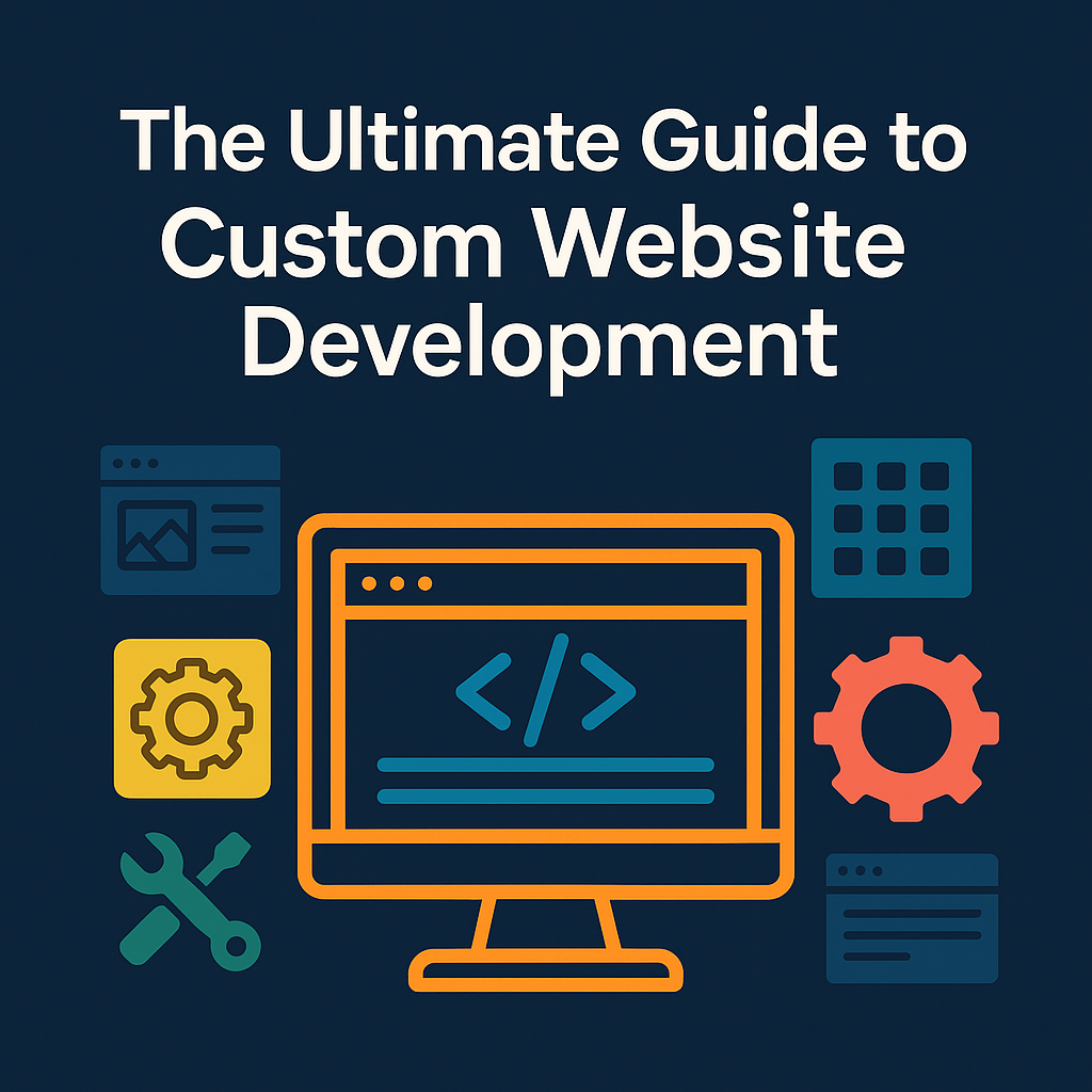 Illustration showcasing the essential steps of custom website development, including strategy, design, coding, and optimization.