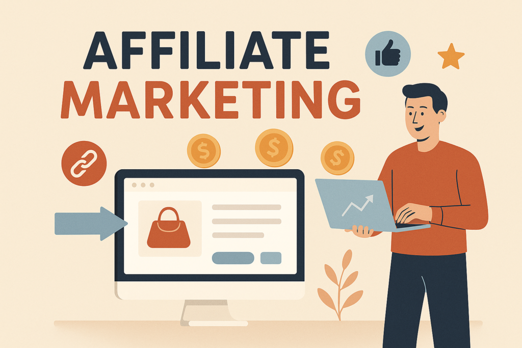 Illustration of a person earning money online through affiliate marketing with icons for commissions, links, and passive income.