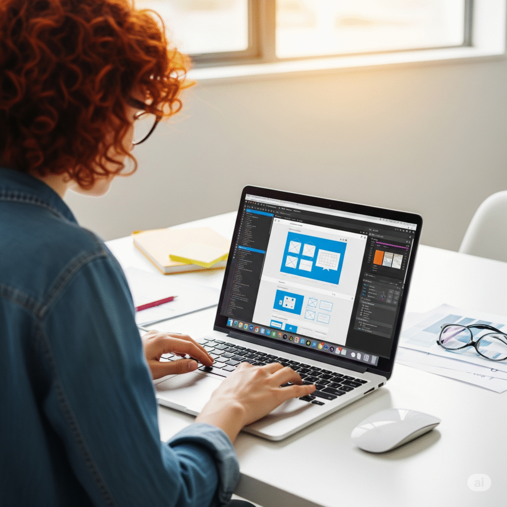 A web developer designing a modern responsive website on a laptop with code and design tools visible on screen.