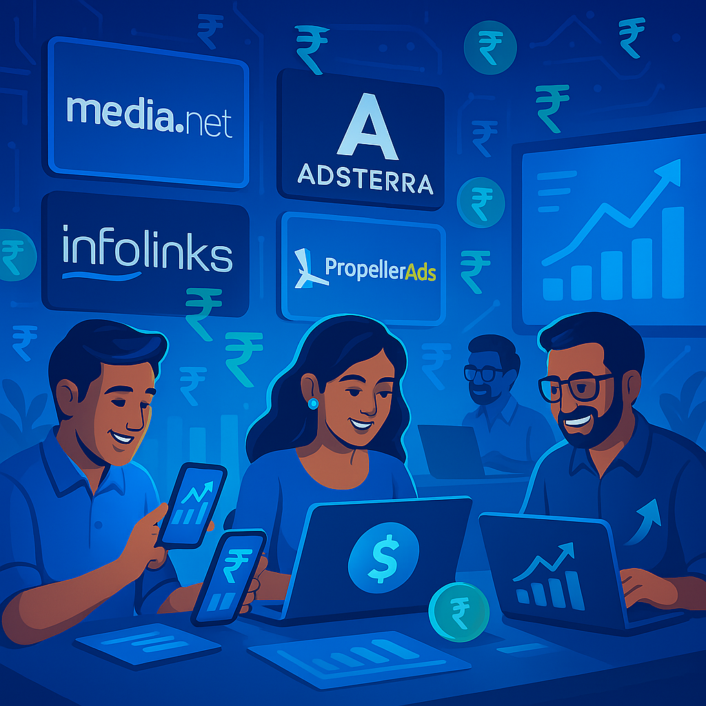 A collage of digital ad network logos and Indian web publishers analyzing website revenue charts on laptops and mobile devices.