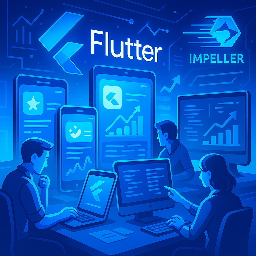 Developers optimizing a Flutter app interface on multiple devices with performance charts, code snippets, and modern UI elements.