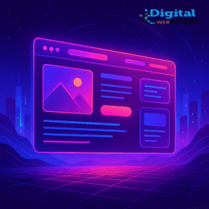 Futuristic web development concept showing AI, Progressive Web Apps, serverless architecture, and immersive technologies shaping websites in 2025.