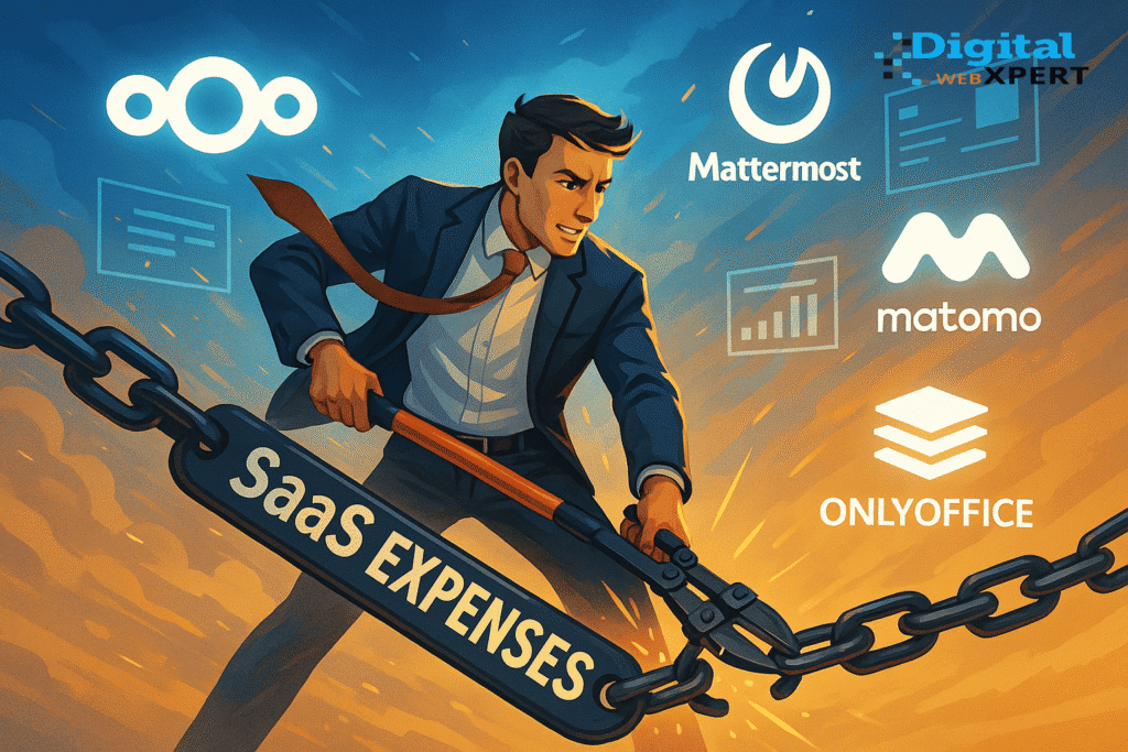 A business owner breaking free from chains labeled “SaaS fees,” surrounded by open-source software logos and digital tools.