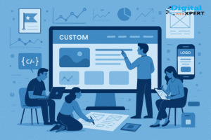 Business team collaborating on custom website design and development, with digital devices displaying unique branding and creative layouts.