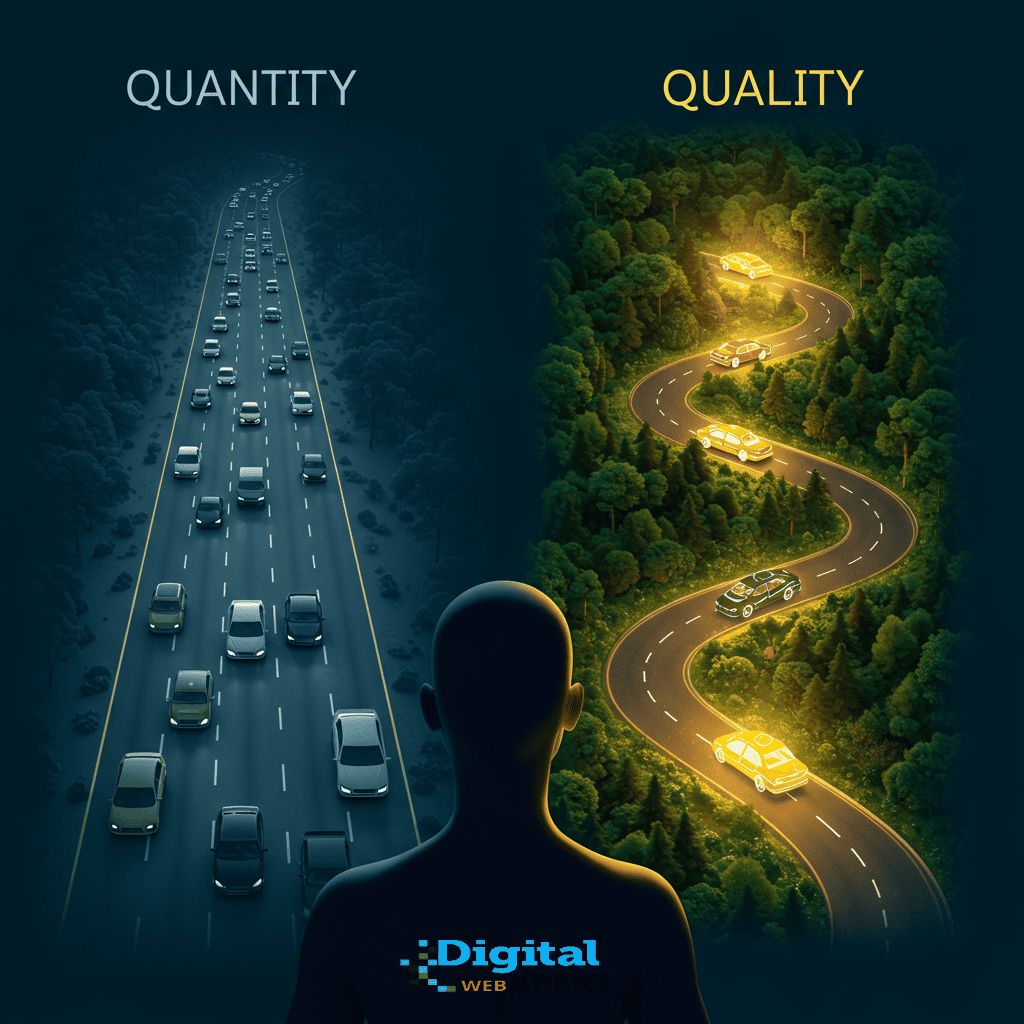 A golden feather representing quality content outweighs a pile of generic feathers symbolizing quantity, illustrating a winning content strategy.