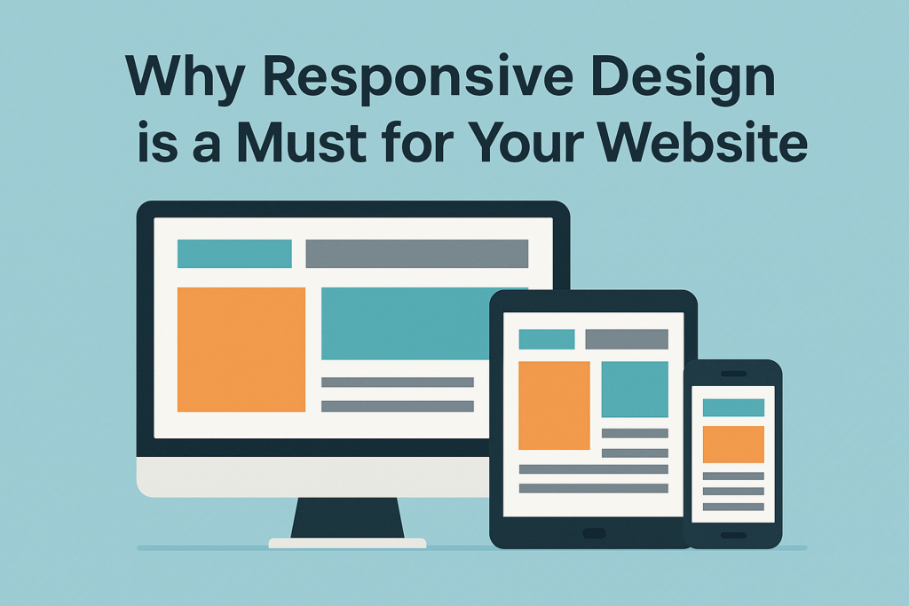 Illustration of a website layout adapting across desktop, tablet, and mobile devices to demonstrate responsive design.