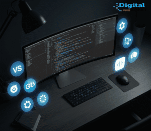 A developer's desk showcasing the logos of the top 10 web development tools for modern web creation.