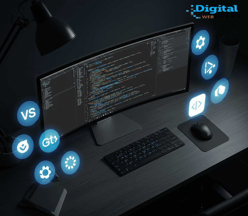 A developer's desk showcasing the logos of the top 10 web development tools for modern web creation.