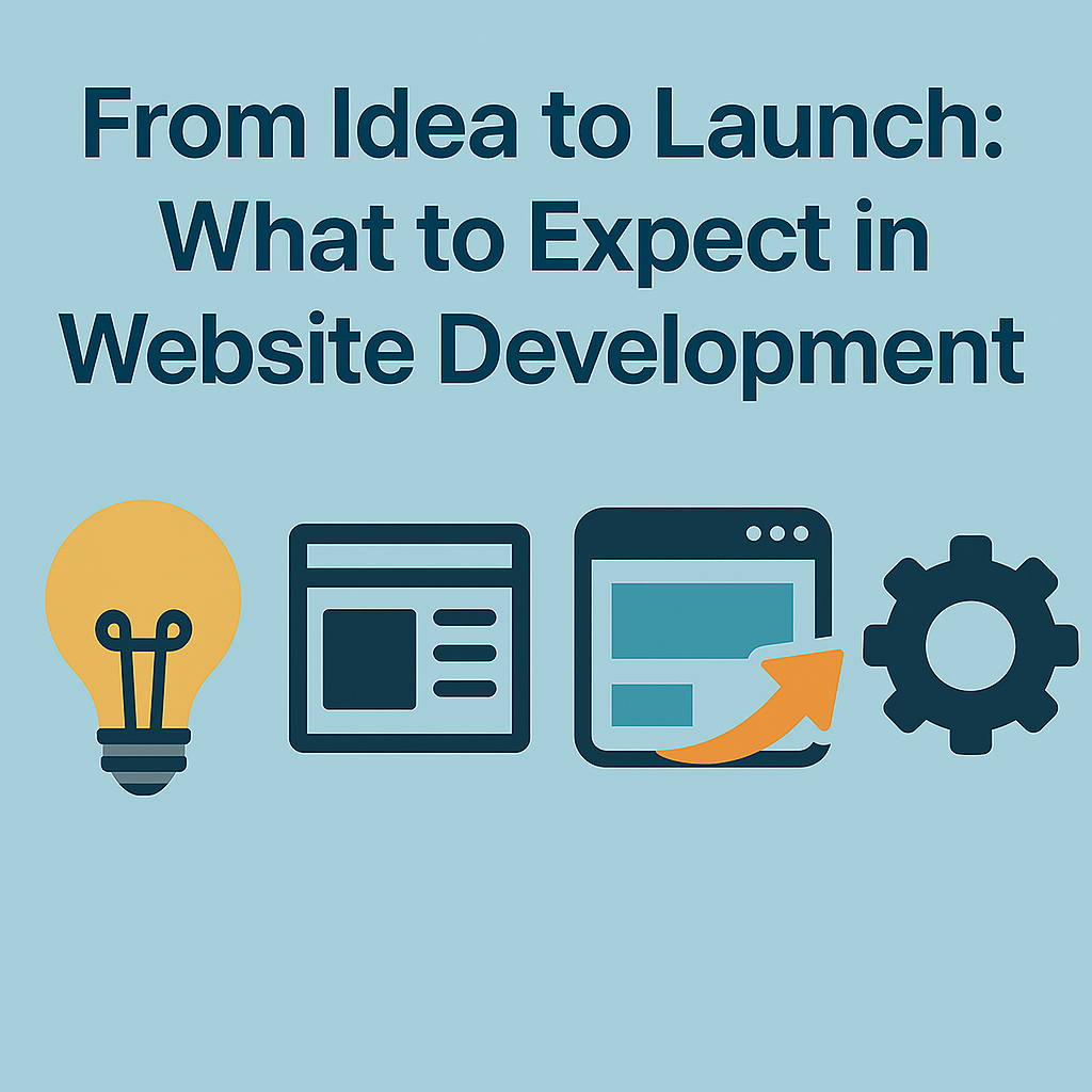 Illustration showcasing the stages of website development from idea to launch, highlighting planning, design, coding, and deployment.