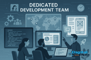Illustration showing a custom development team working on code, UI design, and project management in a high-tech workspace
