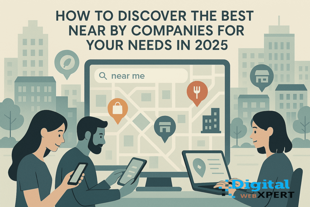 Illustration showing people using smartphones and maps to find near by companies and local businesses in their area