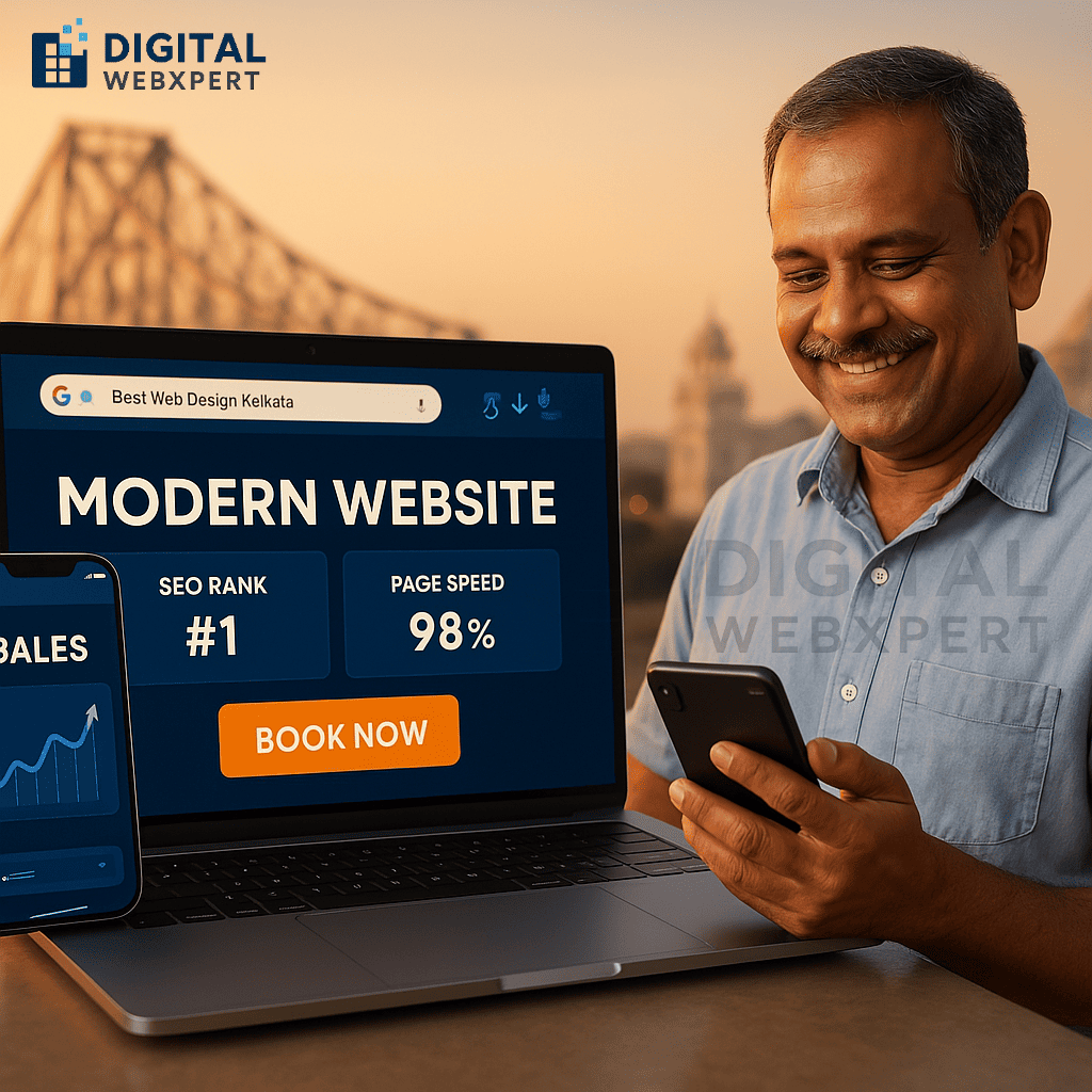 Shop owner with smart dashboard on sleek laptop showing Smart Websites for Local Businesses in Kolkata