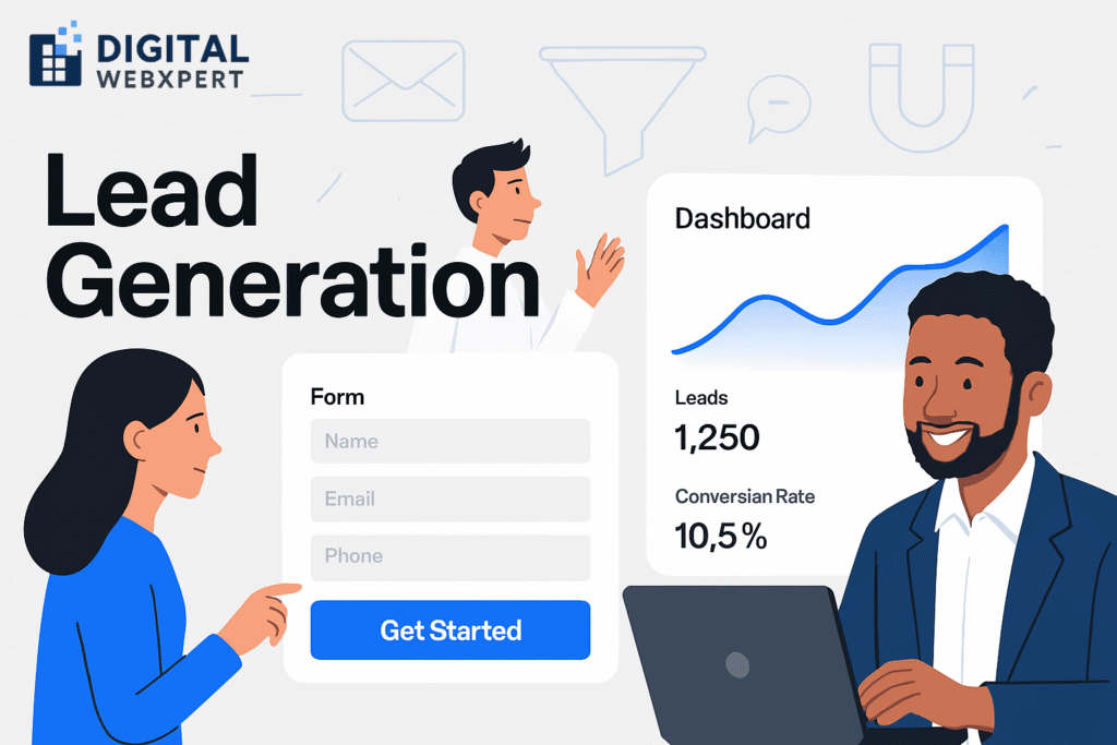 Website that converts visitors into leads with CTA button, conversion funnel graphics, and happy user interaction
