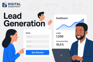 Website that converts visitors into leads with CTA button, conversion funnel graphics, and happy user interaction