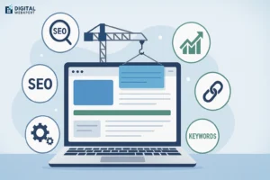 How to build SEO into a new website – digital illustration of SEO elements and website design