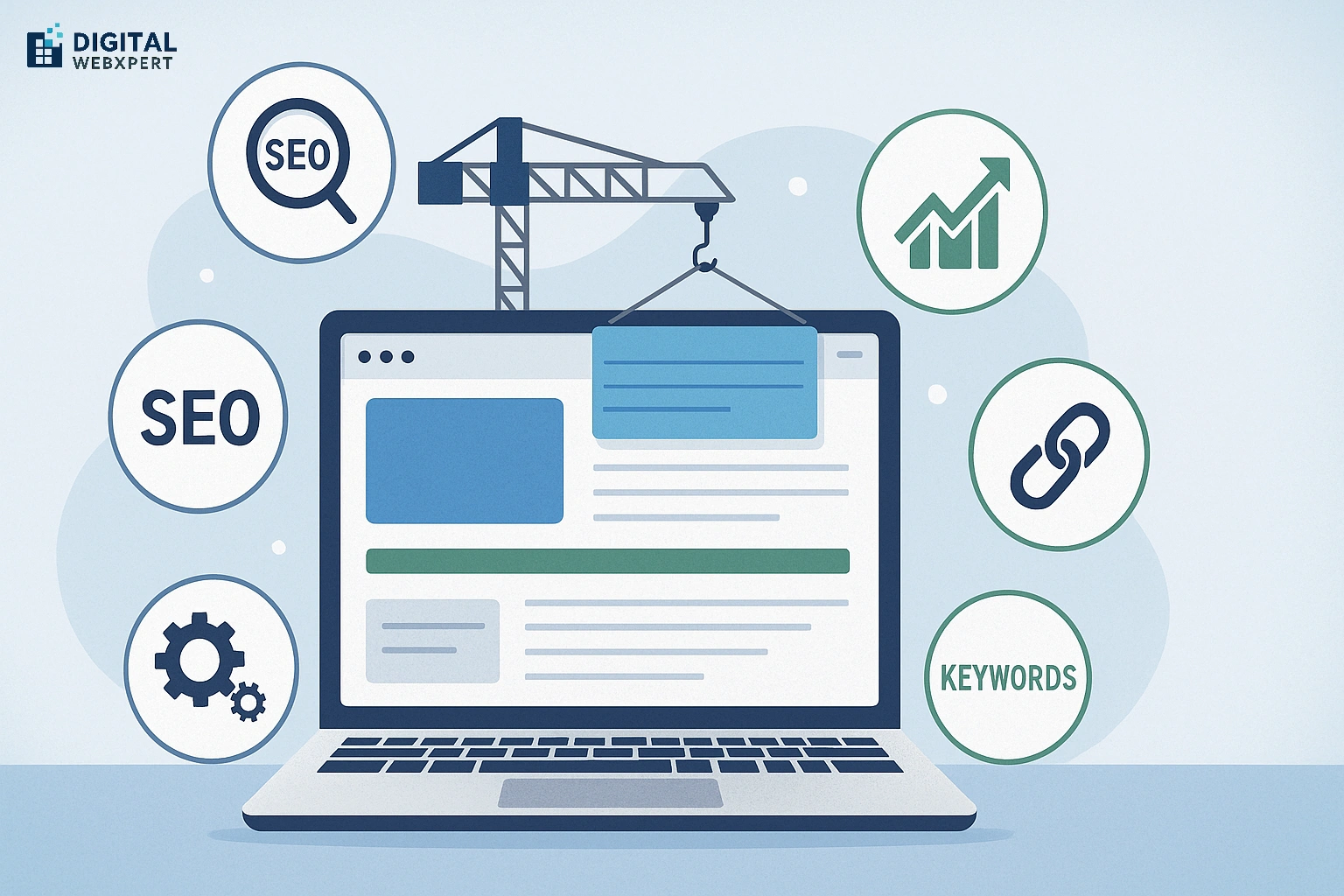 How to build SEO into a new website – digital illustration of SEO elements and website design