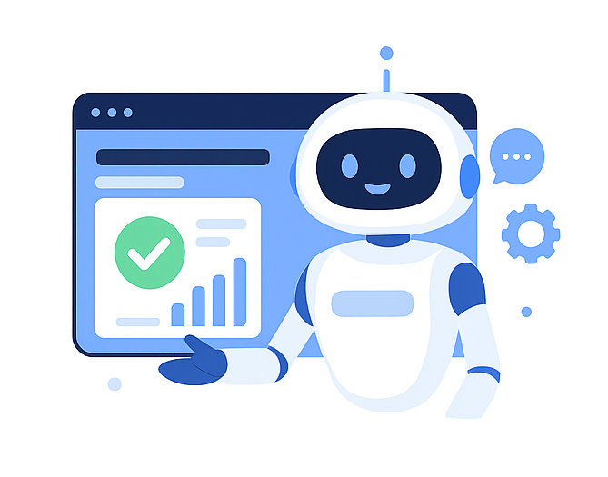 AI assistant illustration with chatbot, web design, e-commerce, and automation solutions by Digital WebXpert