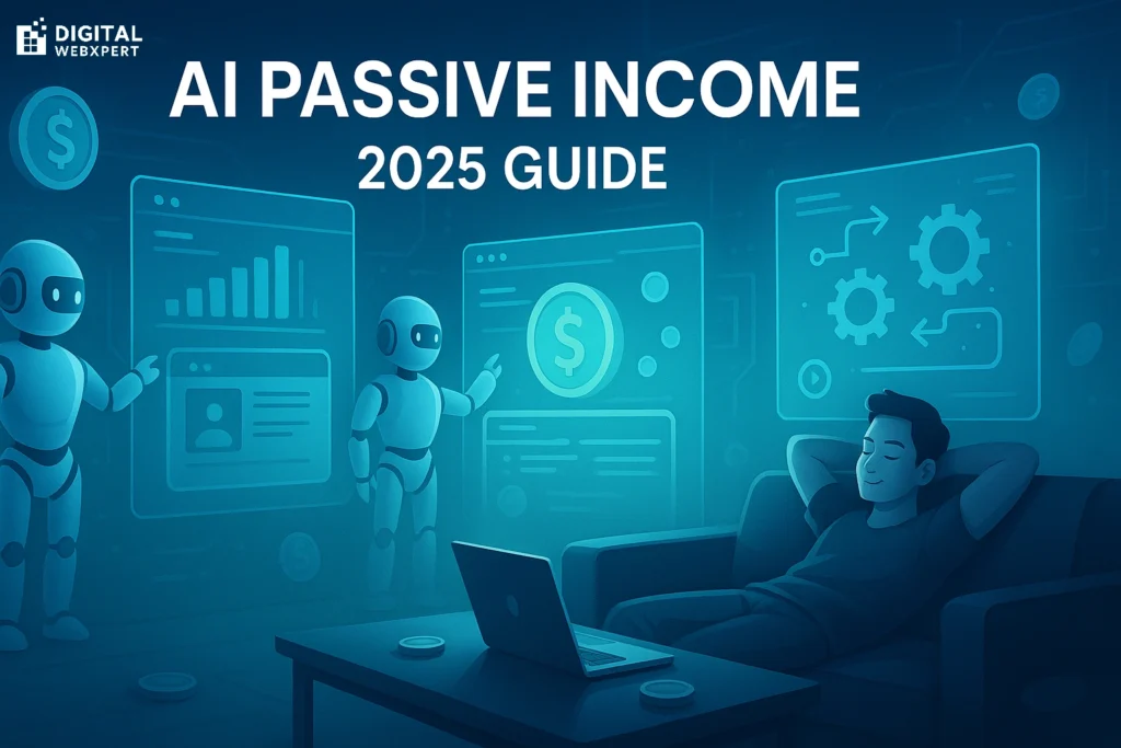 AI Passive Income illustration showing automation robots generating money while entrepreneur relaxes – Digital WebXpert