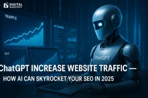 AI robot using ChatGPT to analyze SEO data and website analytics — concept image for “ChatGPT Increase Website Traffic — How AI Can Skyrocket Your SEO in 2025” by Digital WebXpert.
