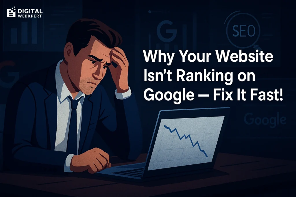 Frustrated business owner analyzing poor Google rankings on laptop — concept for blog “Why Your Website Isn’t Ranking on Google” by Digital WebXpert.