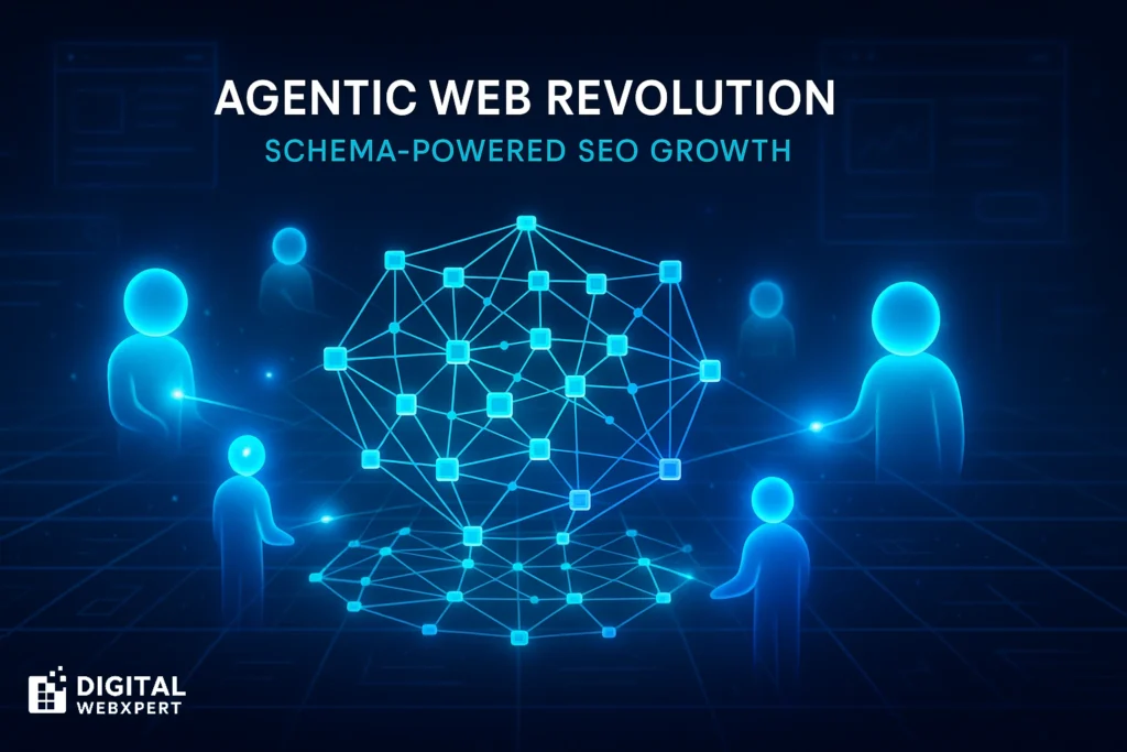 Futuristic visualization of the Agentic Web — AI agents interacting with schema data nodes to power SEO growth.