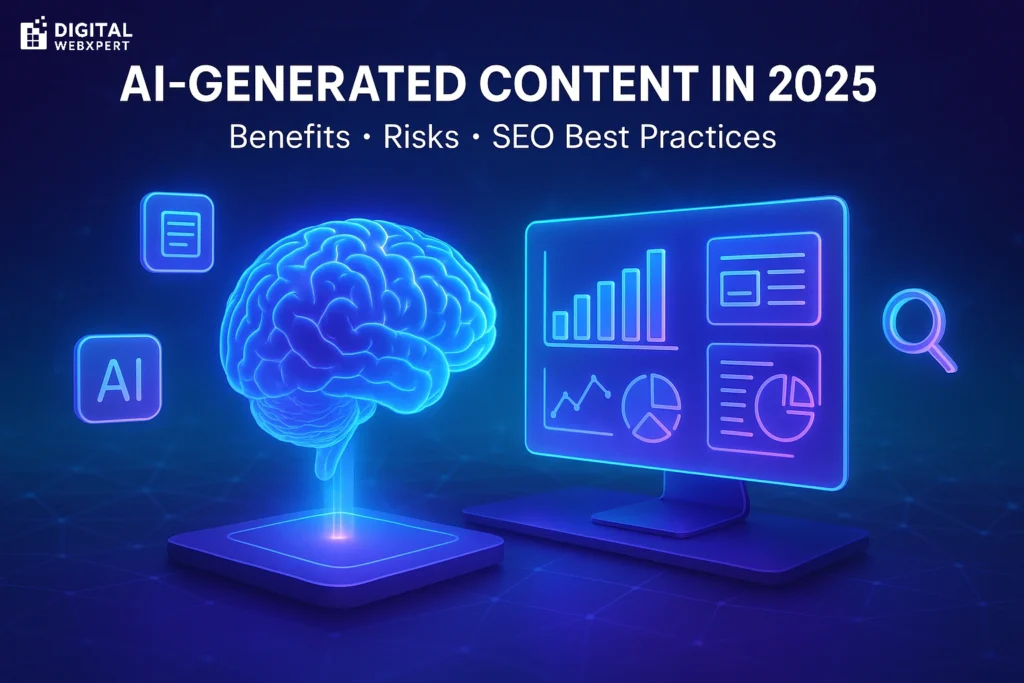 Futuristic illustration of AI-generated content — glowing digital brain connected to SEO graphs and content analytics, representing AI-powered writing and optimization