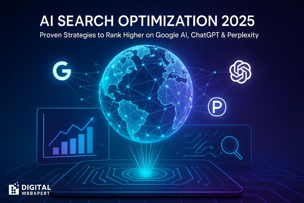 Futuristic 3D illustration of AI search optimization showing Google AI, ChatGPT, and Perplexity icons connected by data networks symbolizing SEO visibility in 2025.
