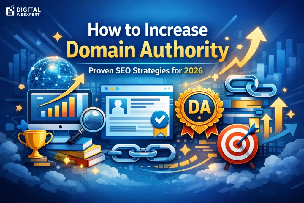 Increase domain authority illustration showing SEO growth, backlinks, and website trust improvement in 2026