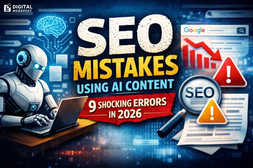 SEO mistakes using AI content illustration showing AI writing content with warning signs and ranking decline in 2026
